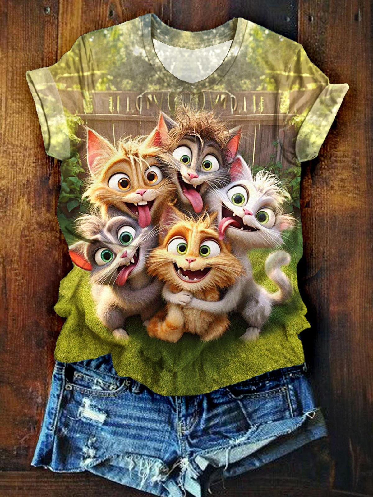 Cute Funny Kitten Print Crew Neck T-shirt