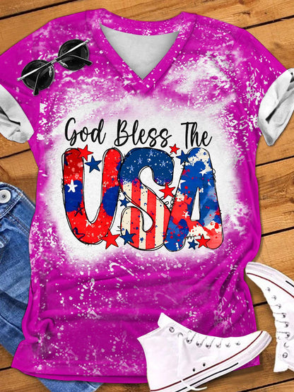 God Bless The USA Print V-Neck T-Shirt