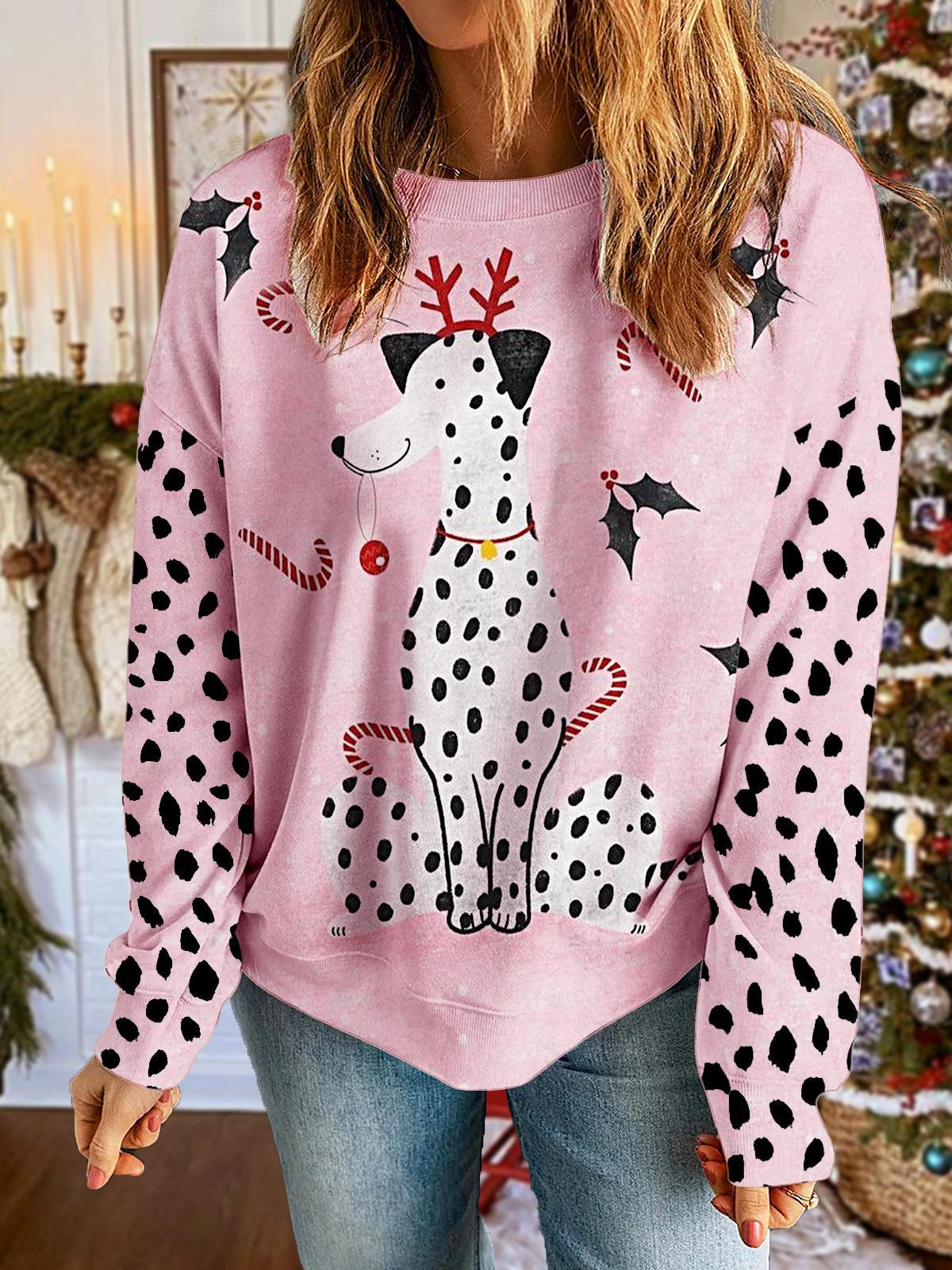 Women's Christmas Dalmatian Printed Long Sleeve Casual Top