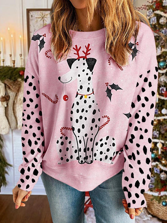 Women's Christmas Dalmatian Printed Long Sleeve Casual Top