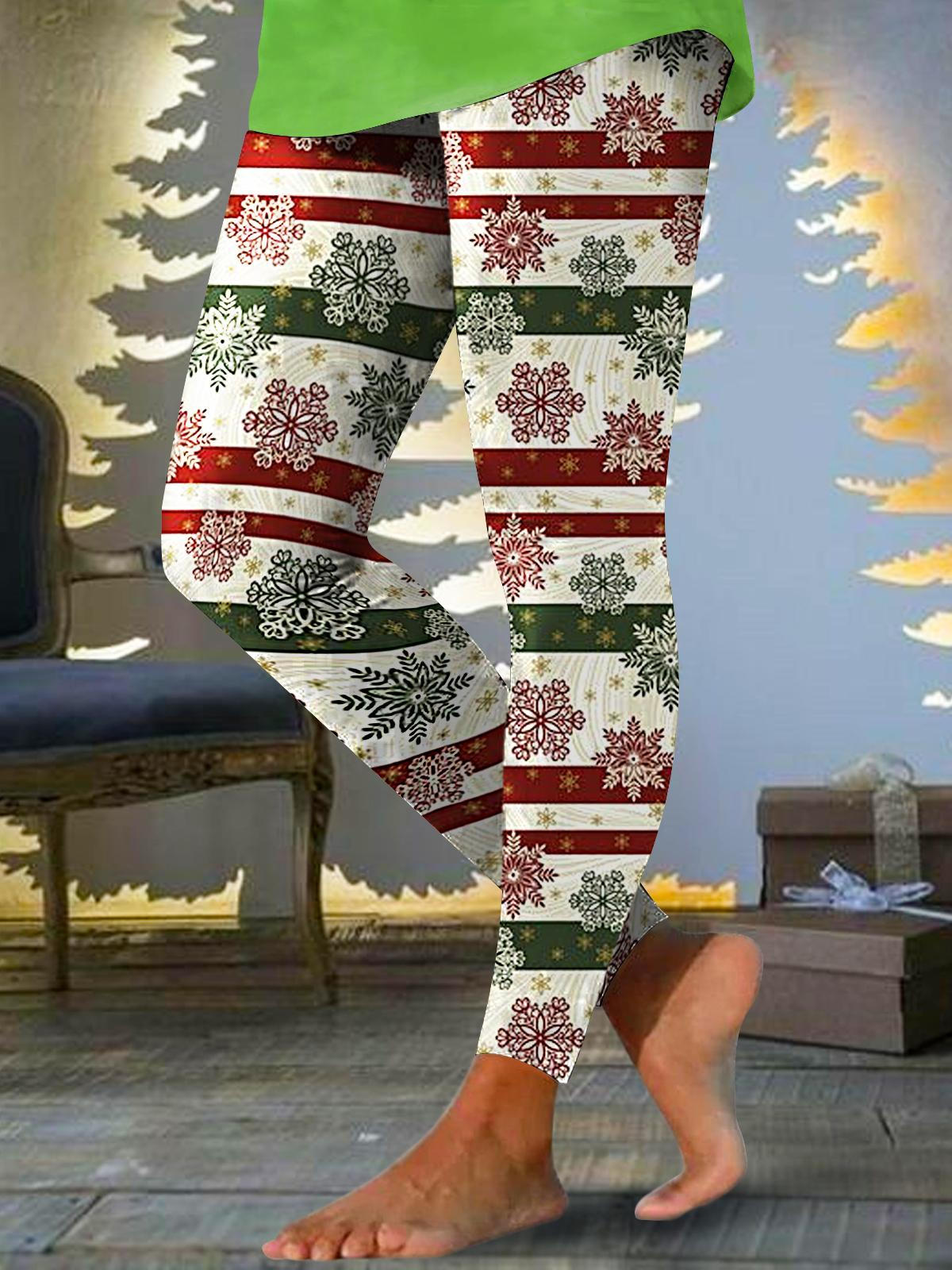 Women's Christmas Red And Green Striped Snowflake Print Leggings