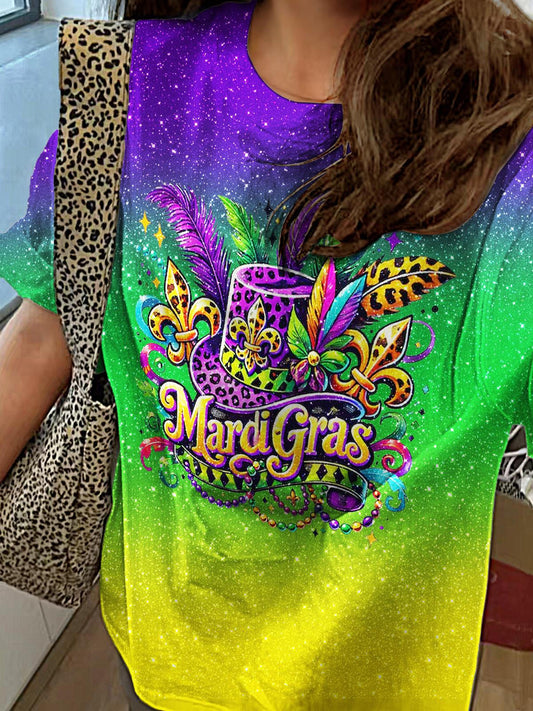 Retro Mardi Gras Iris Print Crew Neck T-shirt