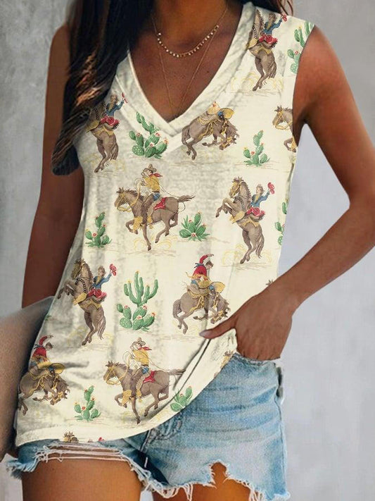 Western Cowgirl Cowboy Print V-Neck Sleeveless T-Shirt