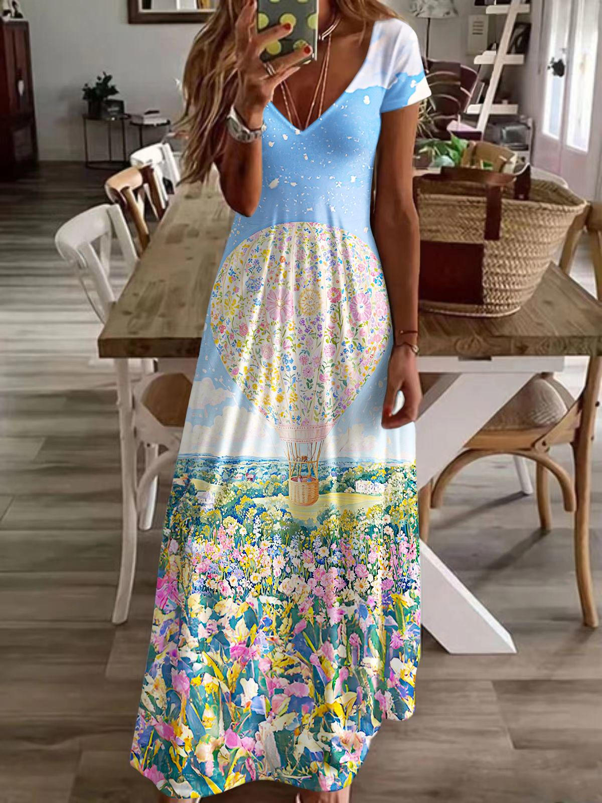 Spring Oil Painting Floral Short Sleeve V Neck Maxi Dress