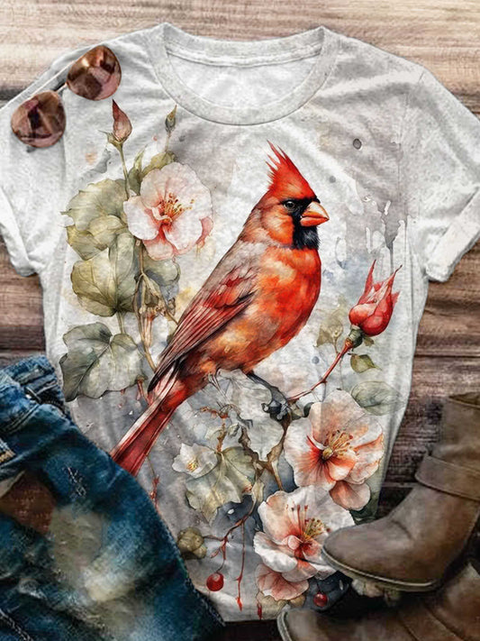 Watercolor Red Bird Floral Print Crew Neck T-Shirt