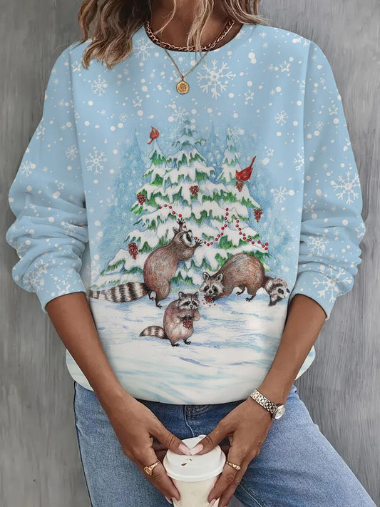 Women's Christmas Tree Cute Raccoon Long Sleeve Casual Top