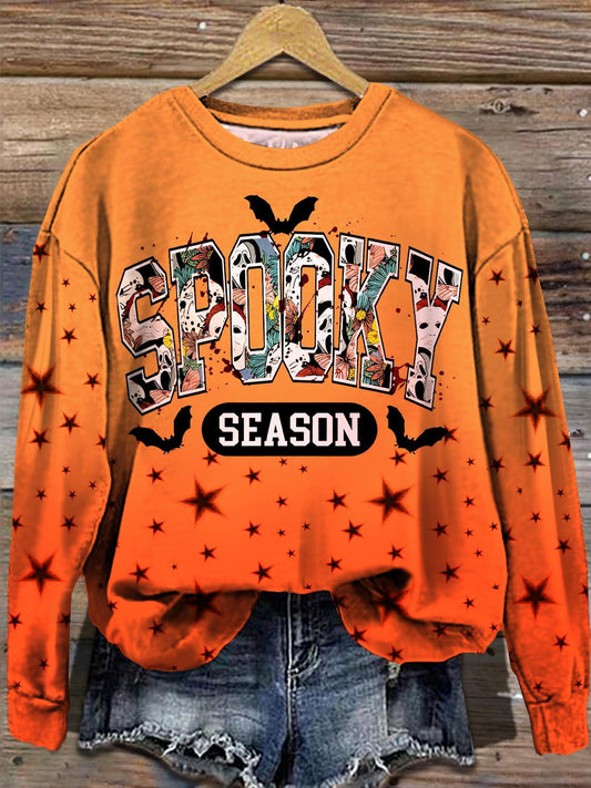 Women's Halloween Retro Spooky Season Round Neck Long Sleeve Top