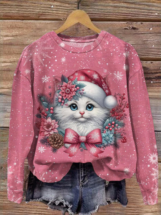 Cute Christmas Cat Pink Printed Long Sleeve Casual Top