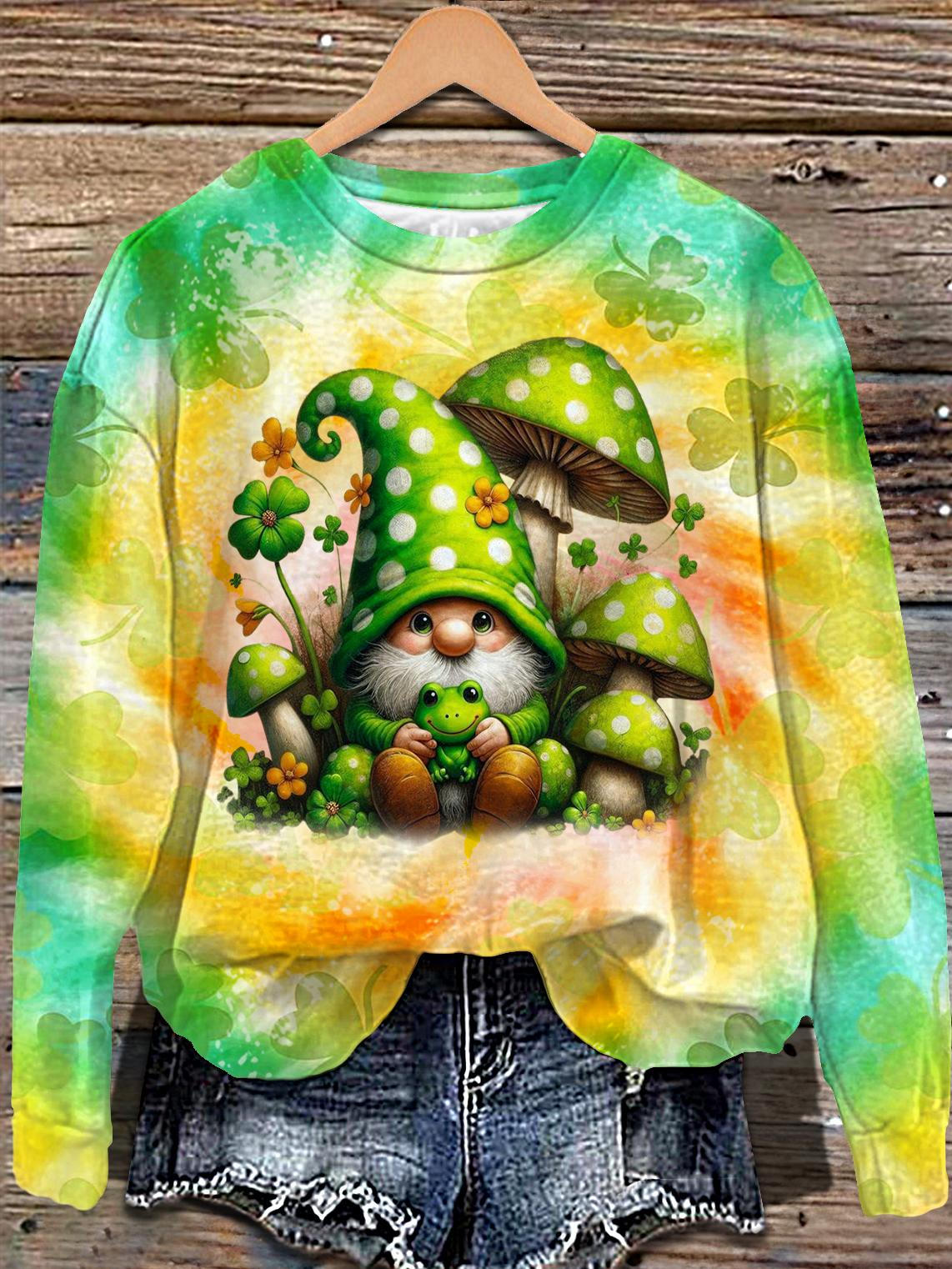 St. Patrick's Gnome Print Long Sleeve Casual Top