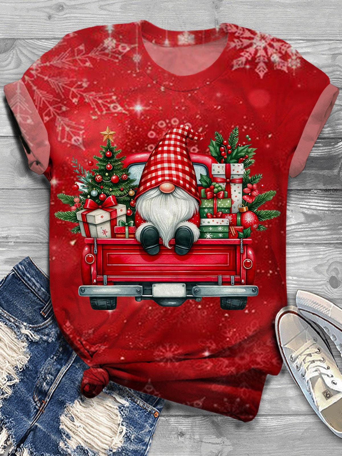 Christmas Gnomes Truck Crew Neck T-shirt