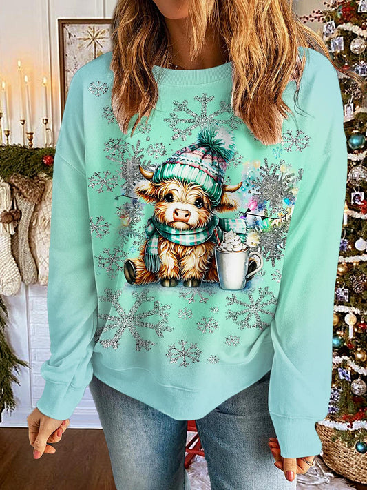 Women's Christmas Blue And Green Highland Cow Printed Long Sleeve Casual Top