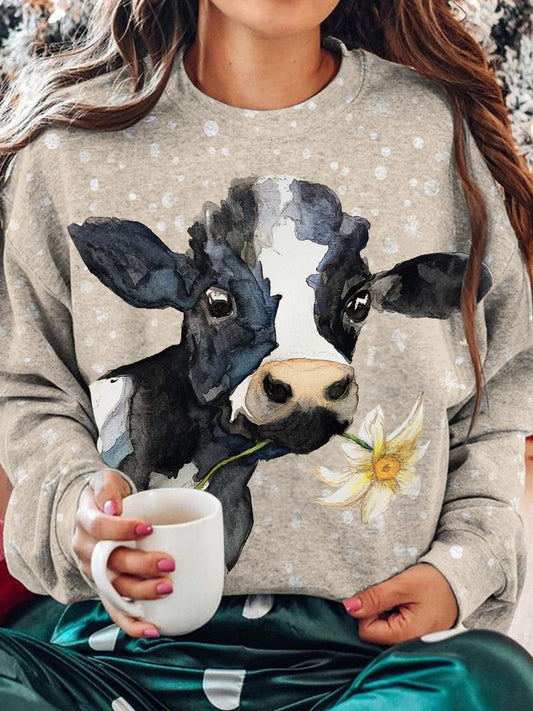 Women's Highland Cow Snowflake Print Casual Sweatshirt