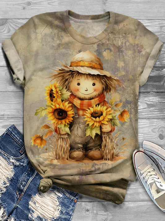 Women's Fall Scarecrow Floral Print Crew Neck T-Shirt