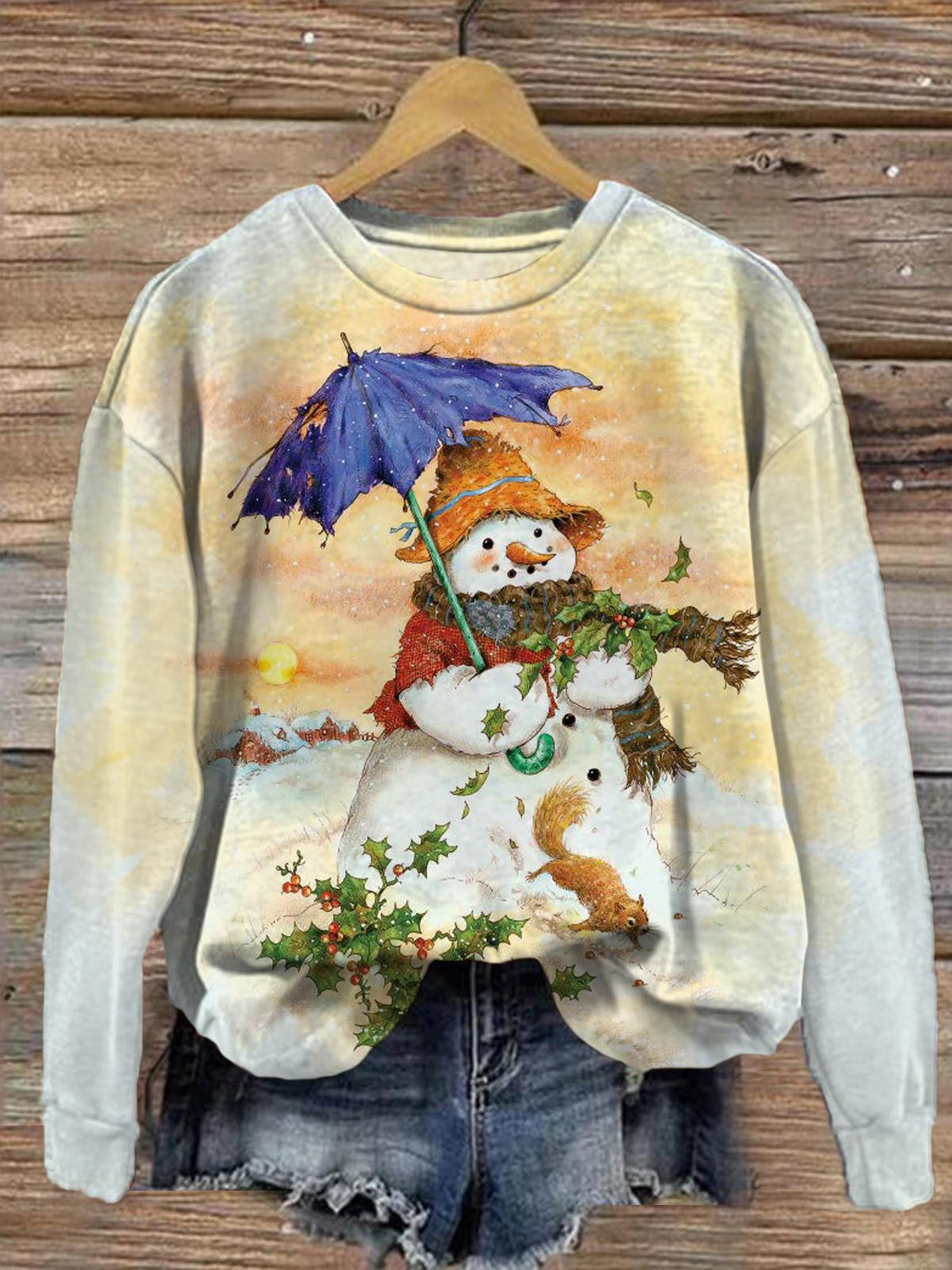 Women's Frosty Retro Snowman Round Neck Long Sleeve Top