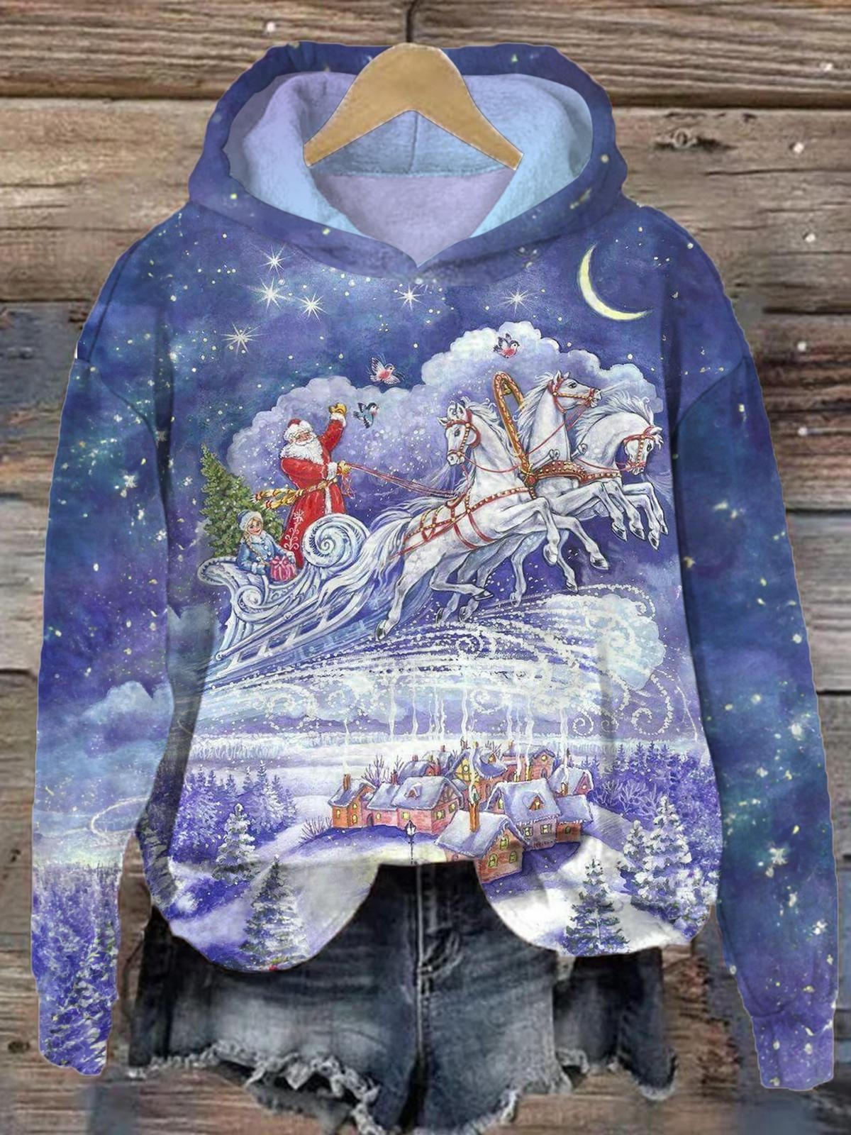 Santa Horse Carriage Long Sleeve Hoodie