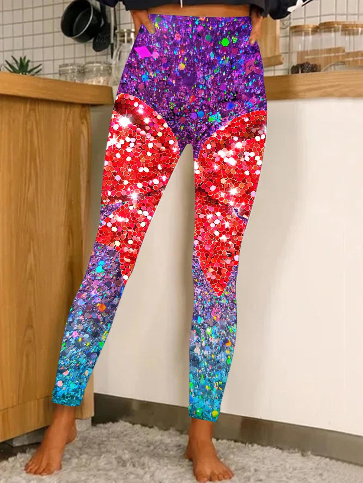 Women's Christmas Faux Sequin Bow Print Stretch Leggings