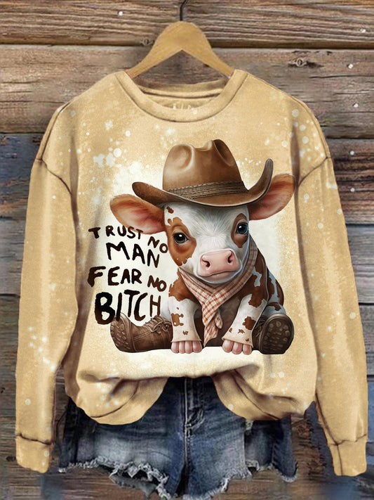 Trust No Man Fear No Bitch Western Denim Cow Print Long Sleeve Top