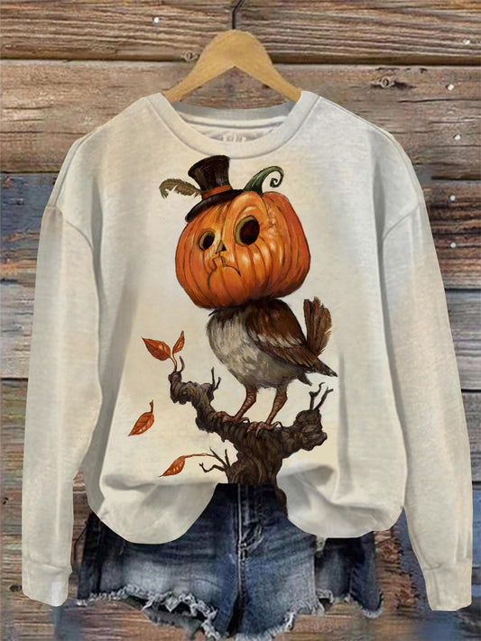 Owl Pumpkin Round Neck Long Sleeve Top