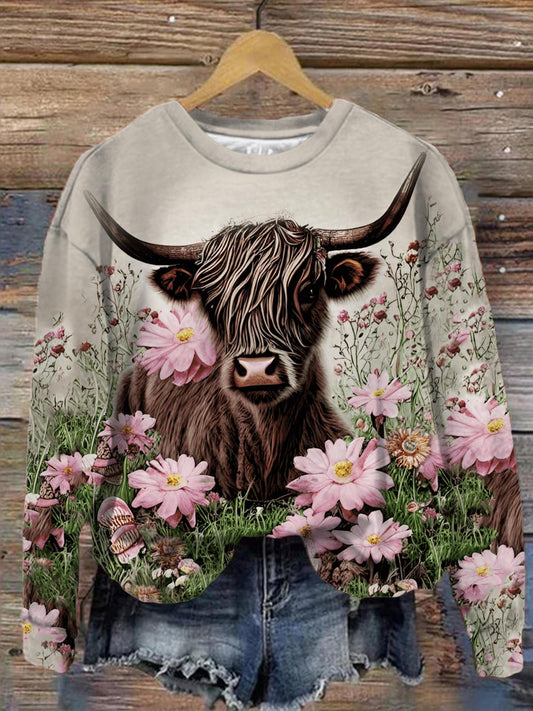 Women's Cute Cow Vintage Print Long Sleeve Top