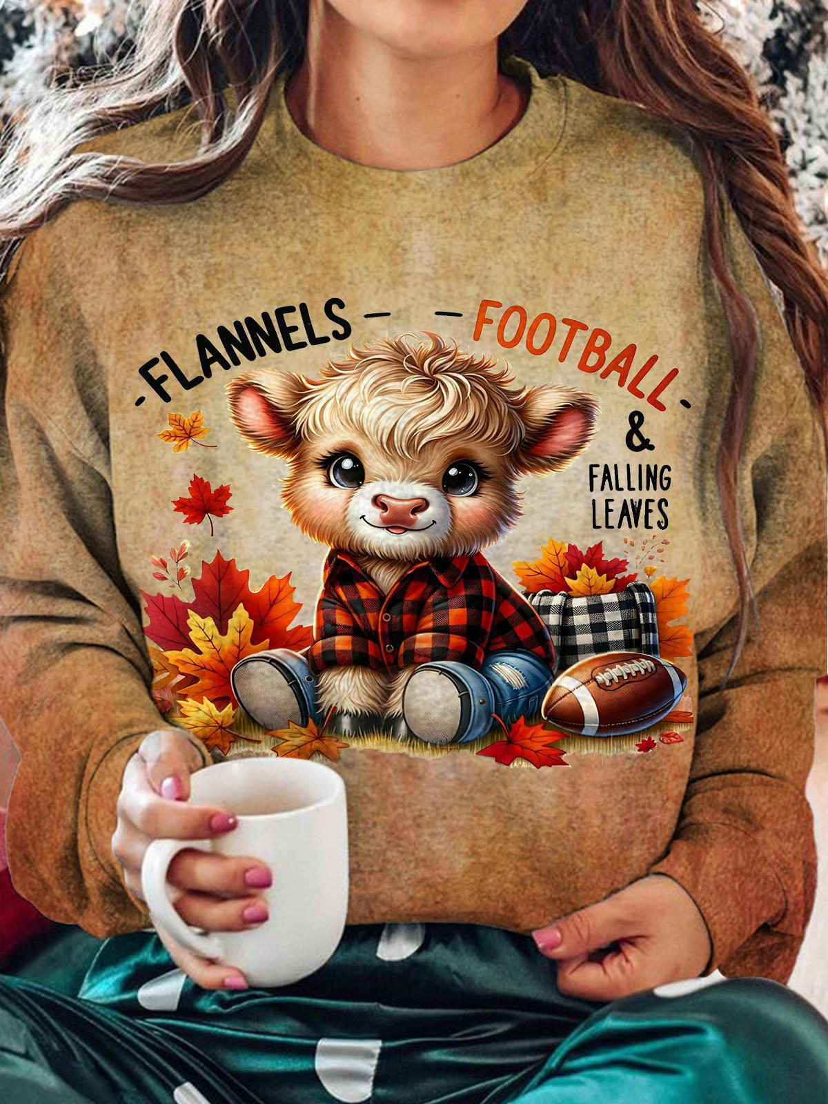 Women's Flannels Football Cow Vintage Print Casual Long Sleeve Top