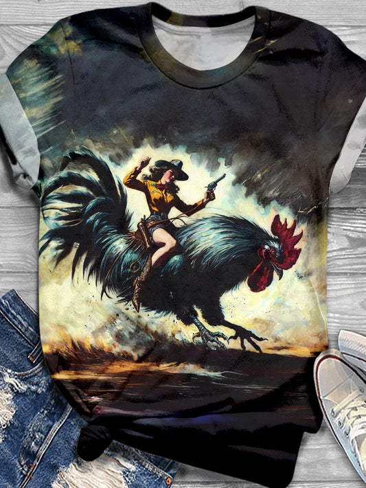 Western Retro Cowgirl Print Crew Neck T-shirt