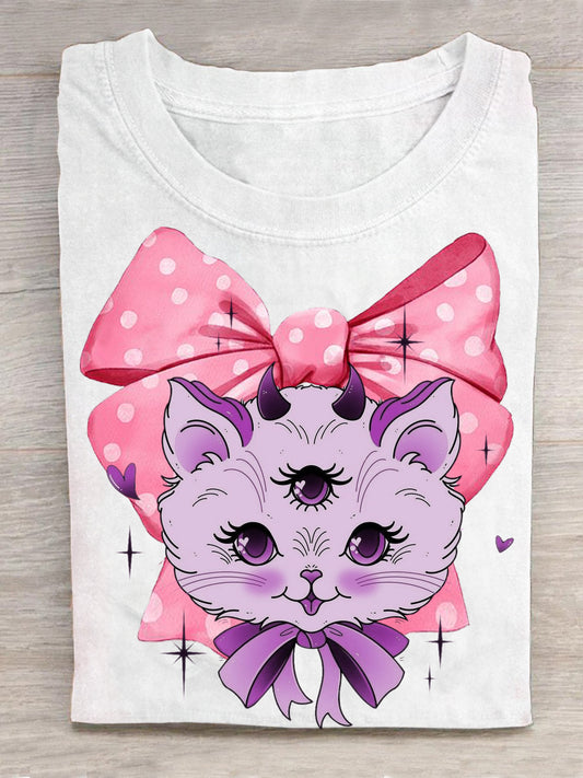 Women's Summer Cat Bow Print Short Sleeve Top