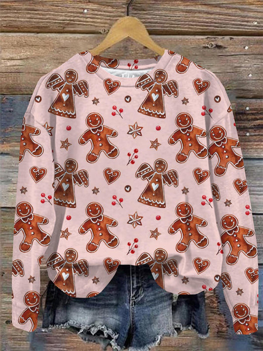 Women's Gingerbread Print Round Neck Long Sleeve Top