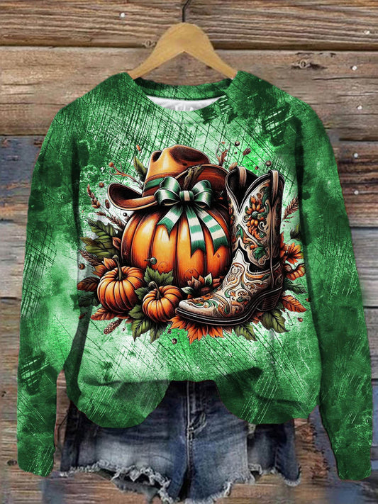 Women's Pumpkin Boots Western Vintage Long Sleeve Top