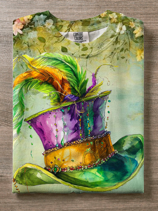 Mardi Gras Party Hat Feather Floral Print Casual T-shirt