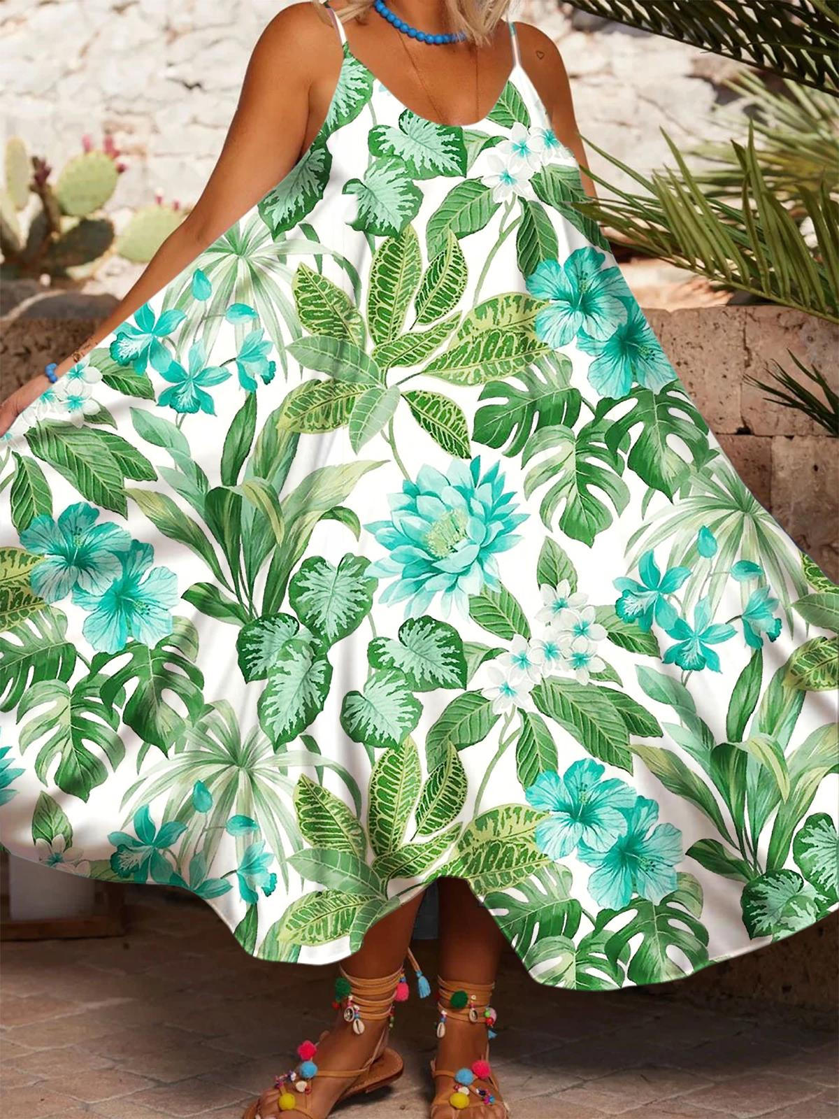 Women's Tropical Plants And Flowers Watercolor Casual Spaghetti Strap Dress