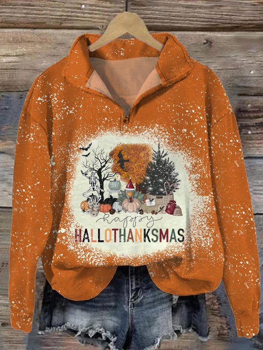 Happy Hallo Thanksmas Lapel Long Sleeve Top