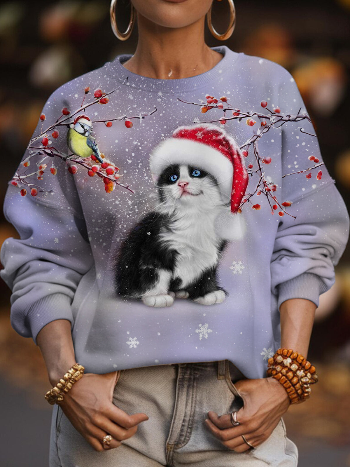 Women's Christmas Cat And Cardinal Crew Neck Casual Sweatshirt