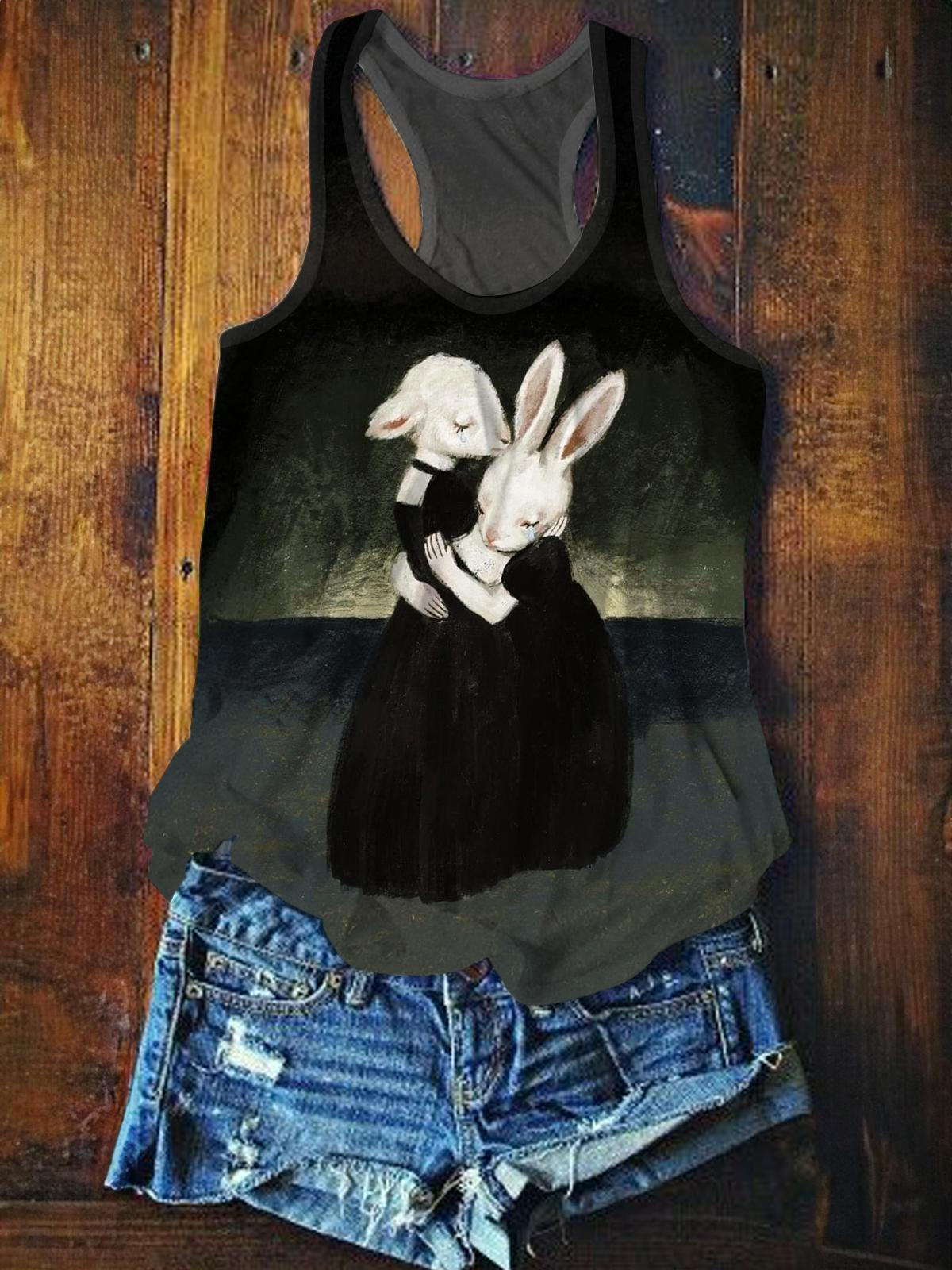 Women's Sheep And Rabbit Friendship Vintage Art Print Casual Vest