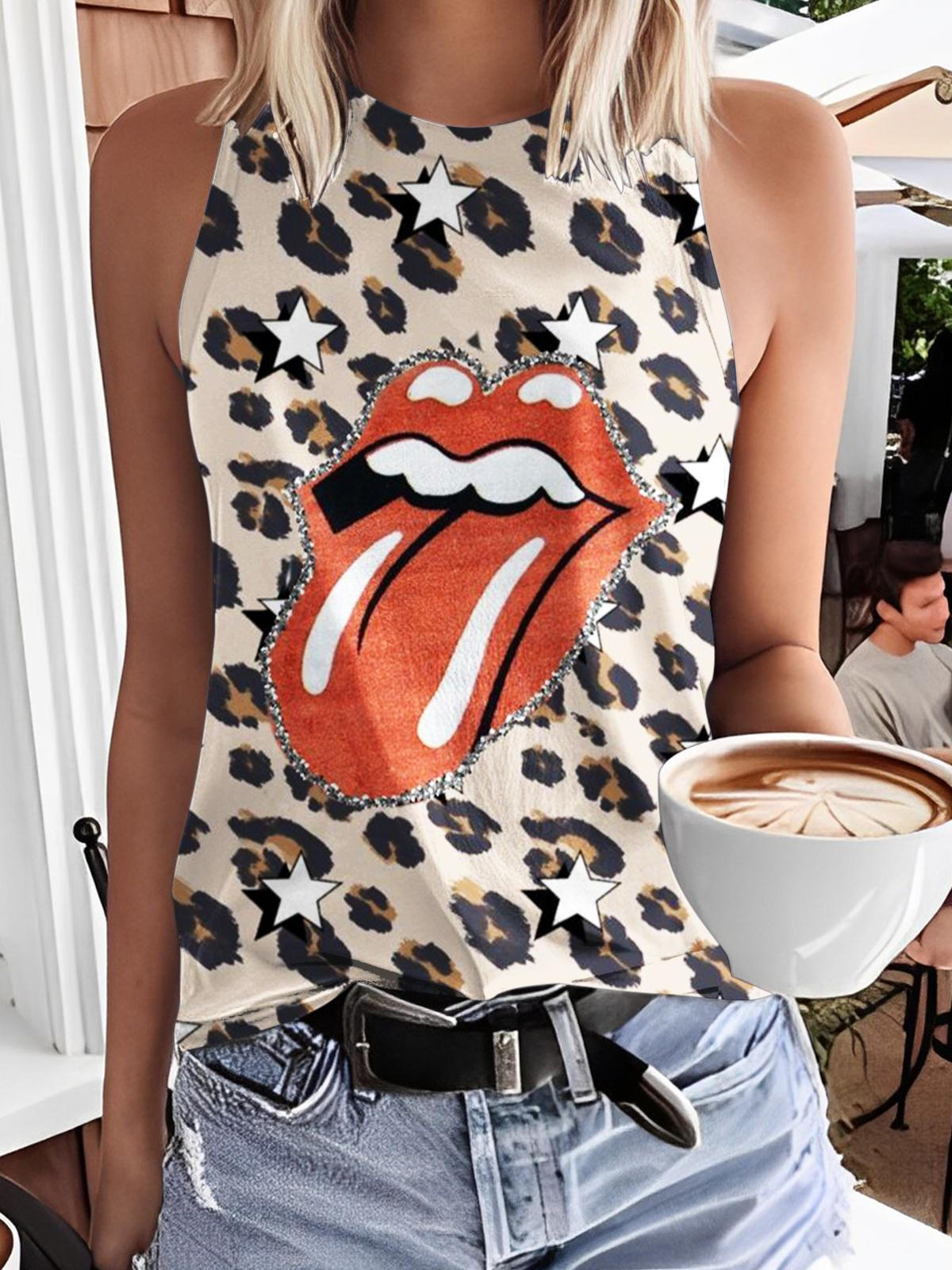 Leopard Star Lip Print Casual Sleeveless Top