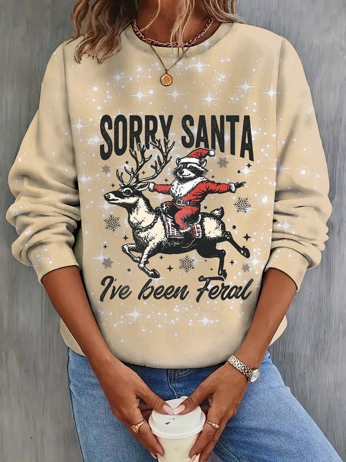 Sorry Santa Live Been Feral Raccoon Print Long Sleeve Top