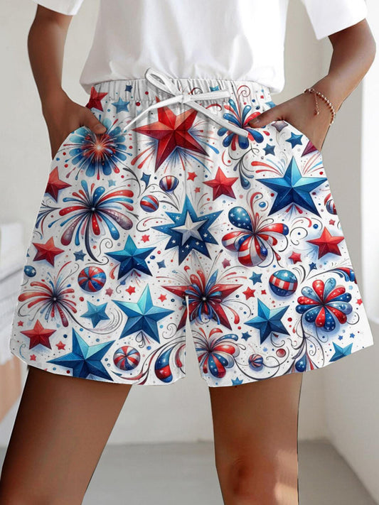 Red Blue Stars Print Casual Shorts