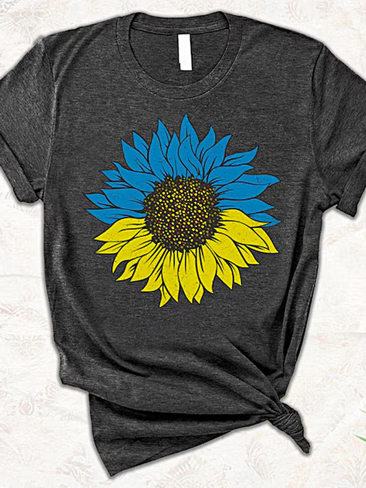 Retro Blue And Yellow Sunflower Print Crew Neck T-shirt