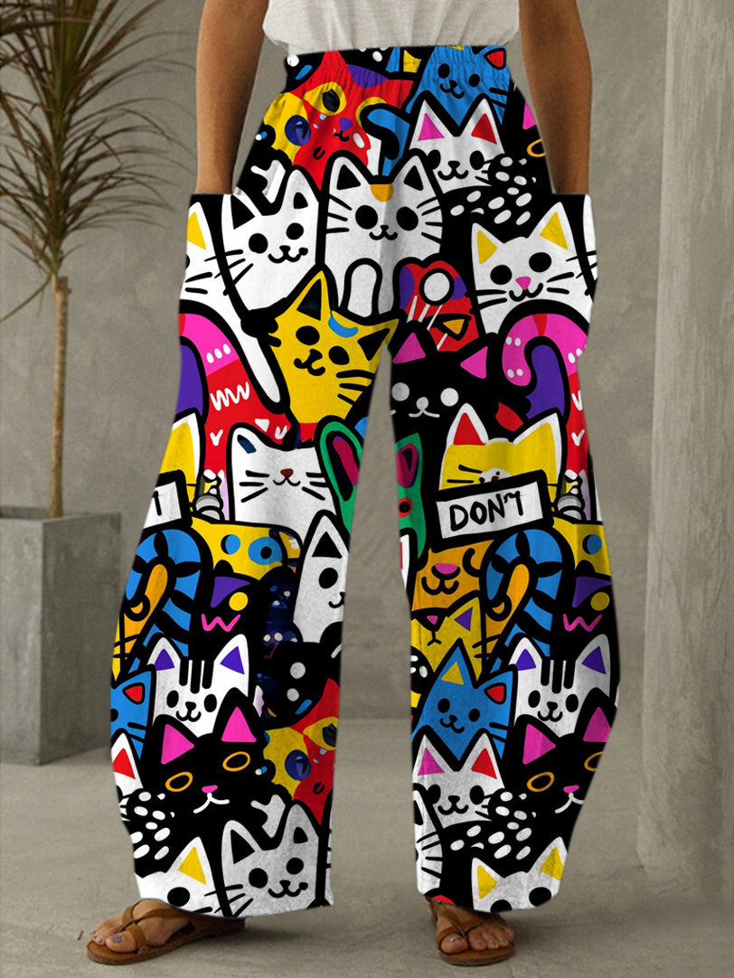 Cute Cat Abstract Illustration Print Casual Pants