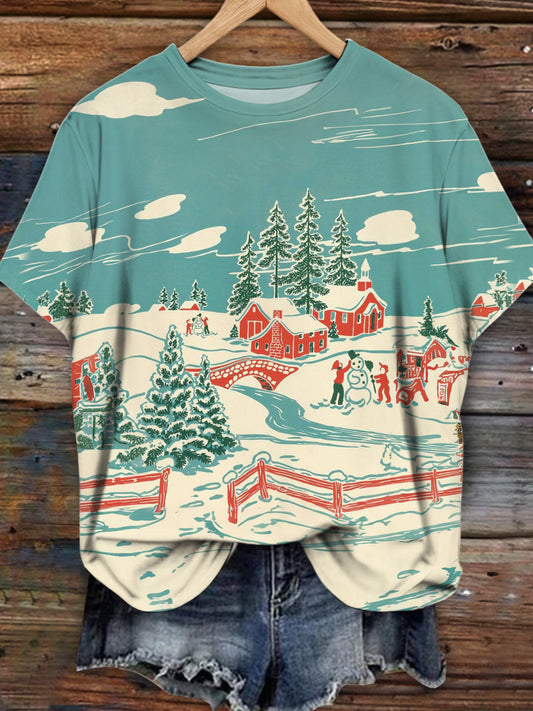 Christmas Snow Scene Vintage Print T-shirt