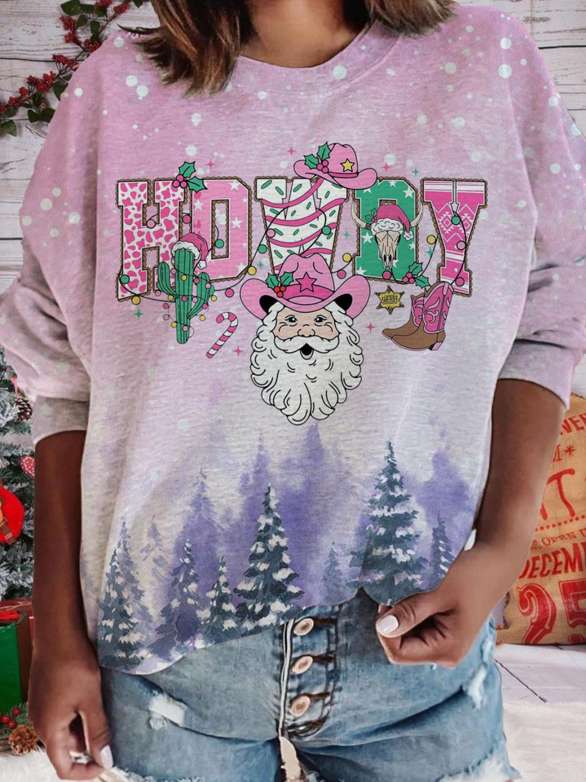 Howdy Chrsitmas Printed Long Sleeve Casual Top