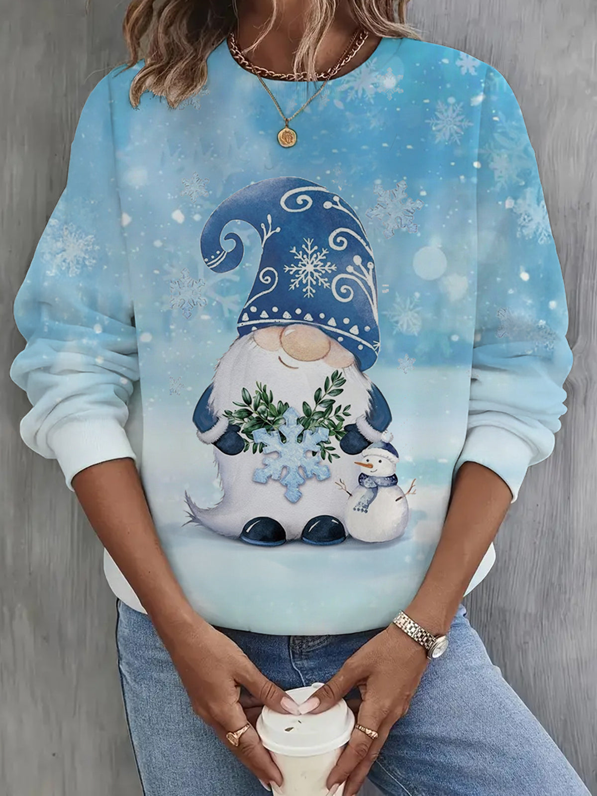 Women's Gnome And Snowman Long Sleeve Casual Top