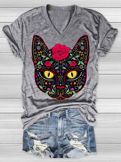 Day of the Dead Kitty Cat Sugar Skull Print T-Shirt