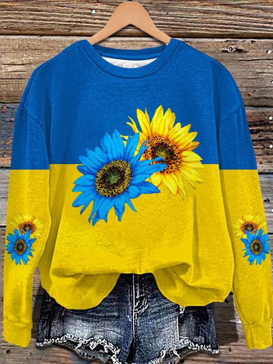 Blue And Yellow Sunflower Retro Printed Long Sleeve Casual Top