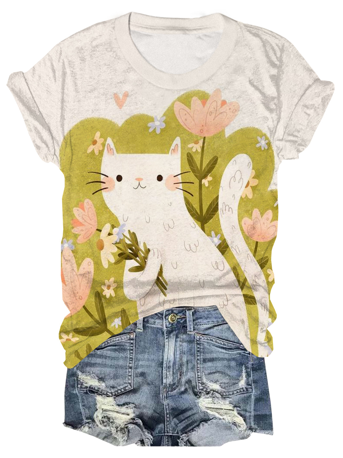 Floral Underbrush Kitten Crew Neck T-shirt