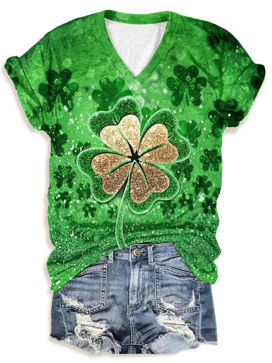 St Patricks Day Four Leaf Clover V Neck T-shirt