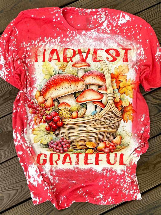 Women's Autumn Harvest Mushroom Print Short Sleeve Crew Neck T-Shirt