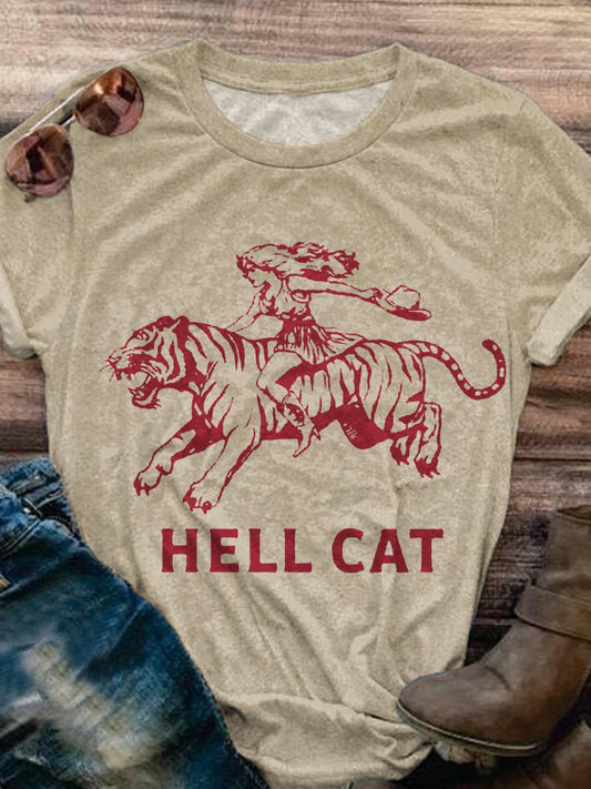 Hello Cat Western Denim Tiger Print Casual T-shirt