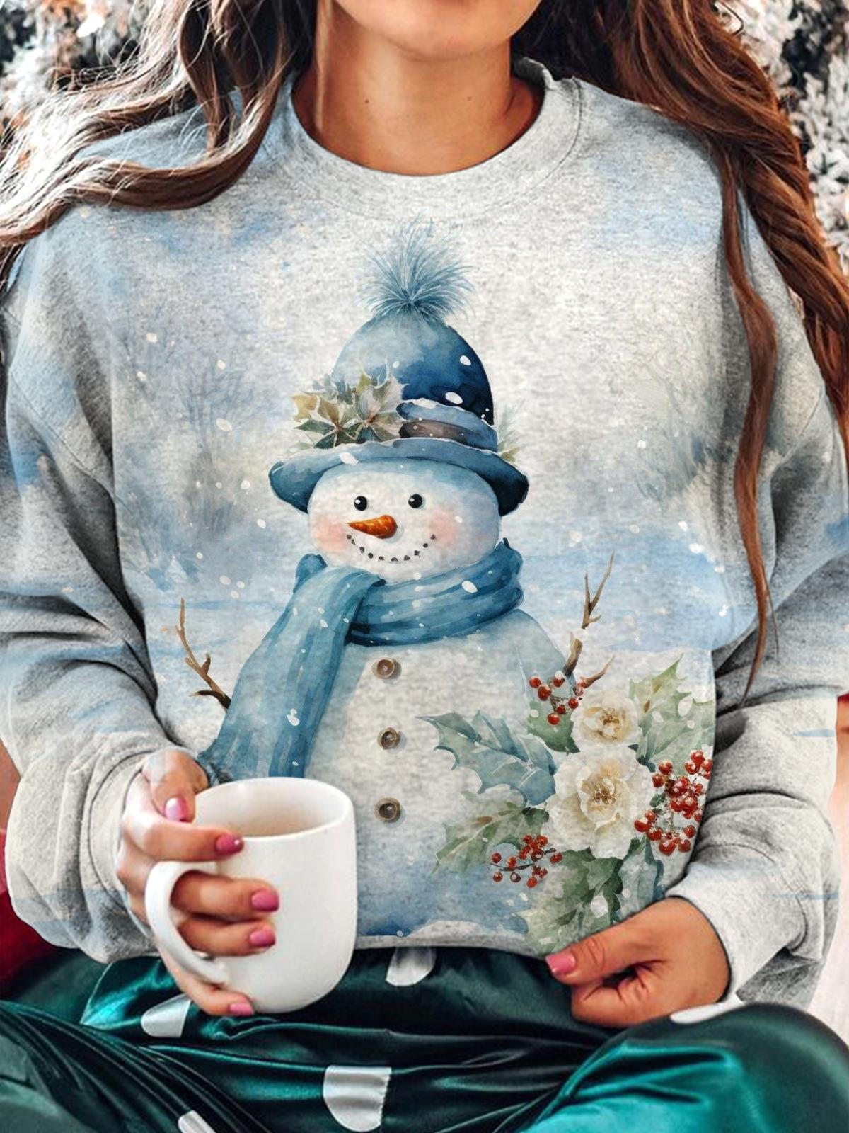 Winter Snowman Printed Long Sleeve Casual Top