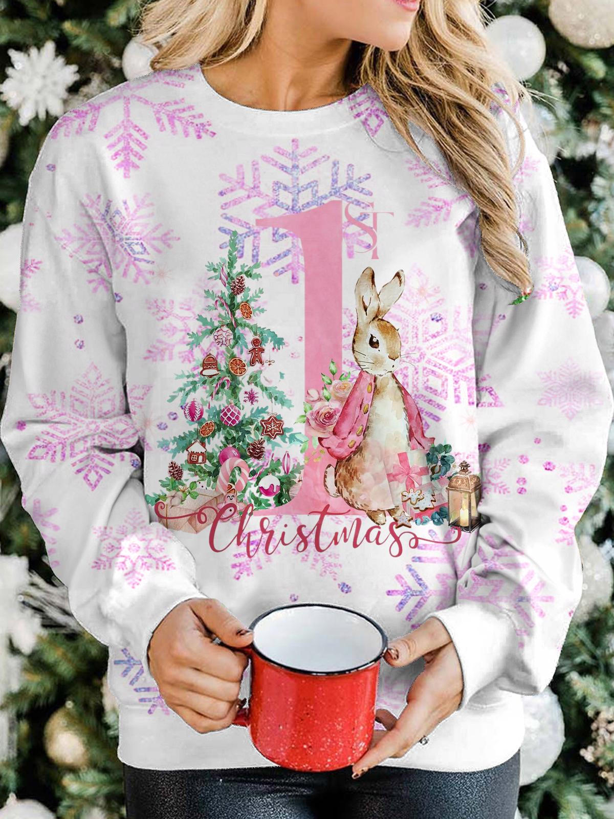 Women's Christmas Peter Rabbit Printed Long Sleeve Casual Top