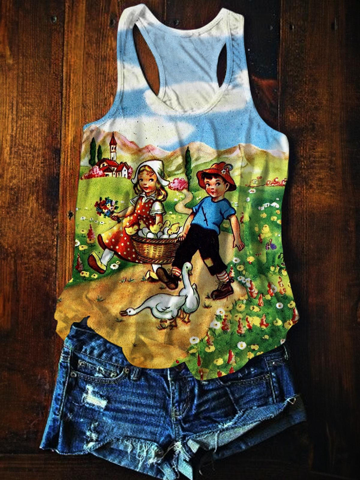 Vintage Take Our Duck Babies Home Printed Casual Tank Top